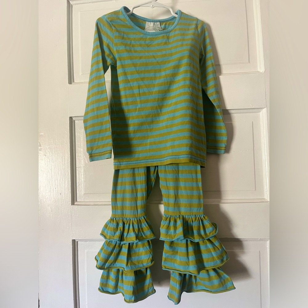 Matilda Jane Size 4 Matching Set Green and Blue Striped Ruffle Pants and Top